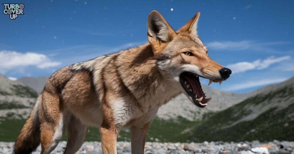 Regional Colors of the Coyote A coyote with its mouth open, revealing its sharp teeth.