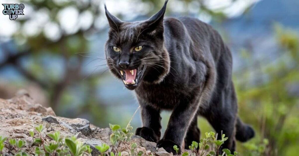 A black bobcat with its mouth open, revealing sharp teeth. The bobcat is standing on a rocky terrain with green plants. 