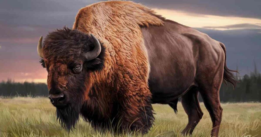 Bison are easily recognized by their large shoulder hump. This muscular feature helps them support their heavy heads, which appear massive compared to their hindquarters. 
